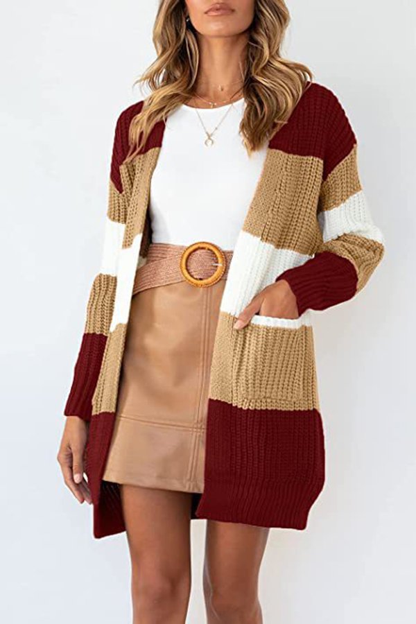 Loose Pocket Color Block Knitted Cardigan