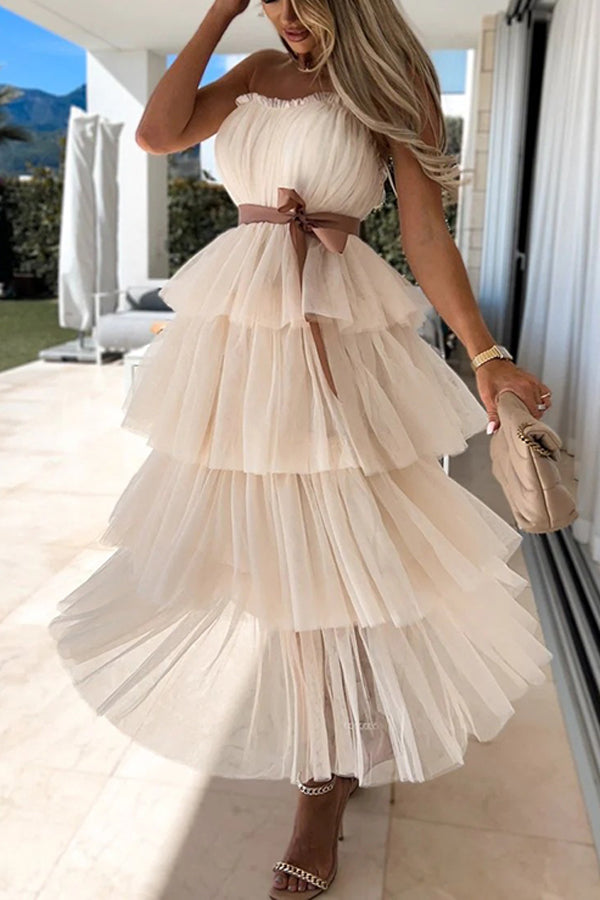 Mesh Wrap Chest Sexy Cake Layered Dress