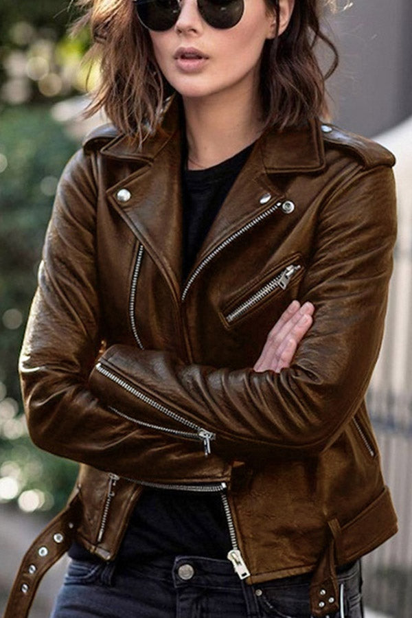 Punk Fitted Solid Lapel Faux Leather Jacket