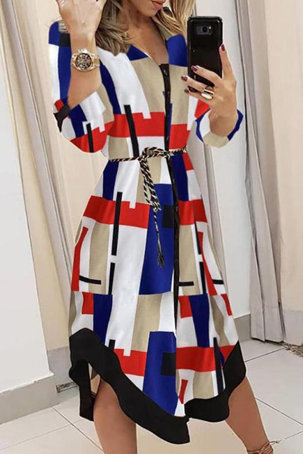 V-neck Plaid Slim Fit Lace Up Loose Long Dress