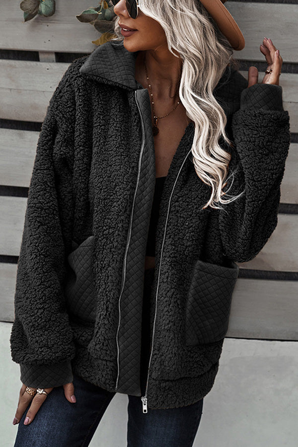 Long Sleeve Pocket Detail Zip Up Teddy Coat