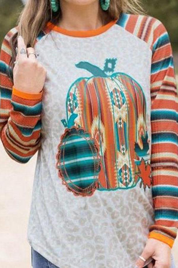 Leopard Print Waffle Pumpkin Contrast Sweatshirt