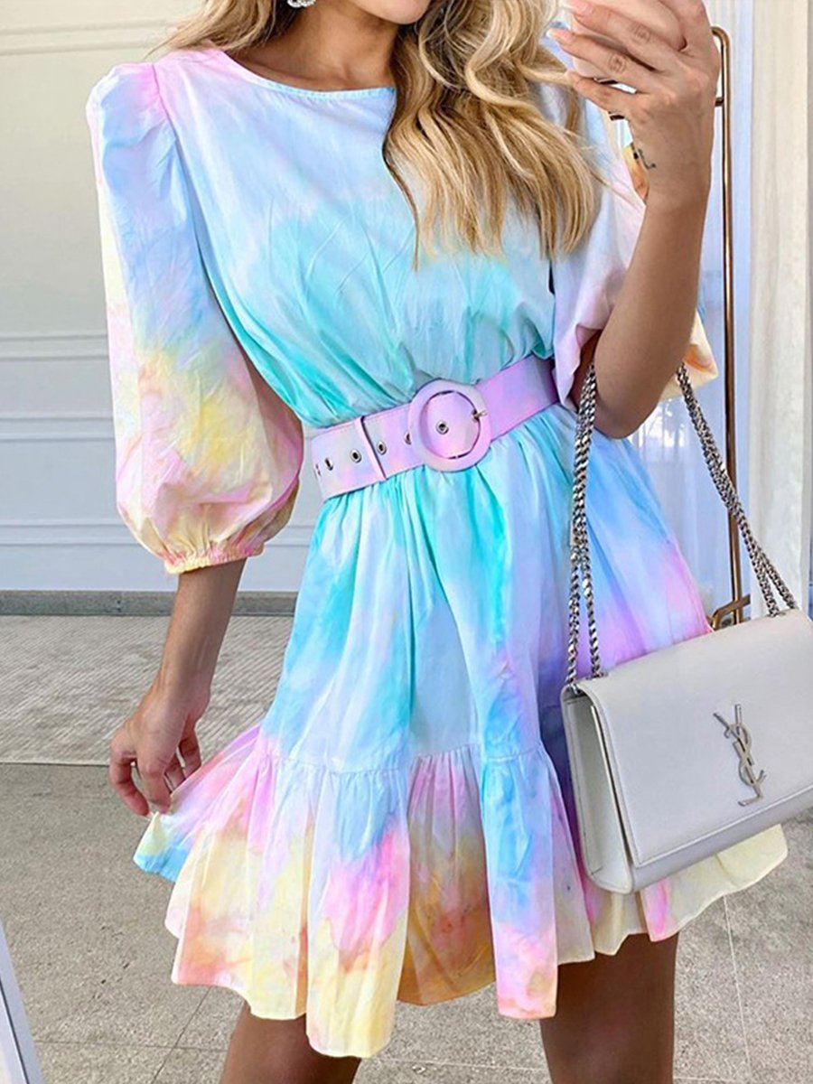 Tie Dye Holiday Ruffle Waist Print Mini Dress