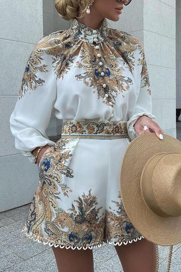 Baroque Print Button Front Long Sleeve Top & Shorts Set