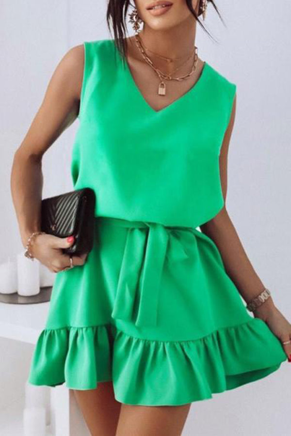 V-Neck Sleeveless Gathered Waist Mini Dress