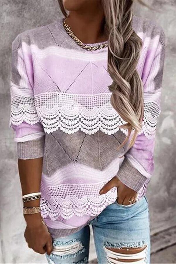 Gradient Lace Trim Cable Knit Pullover Sweater