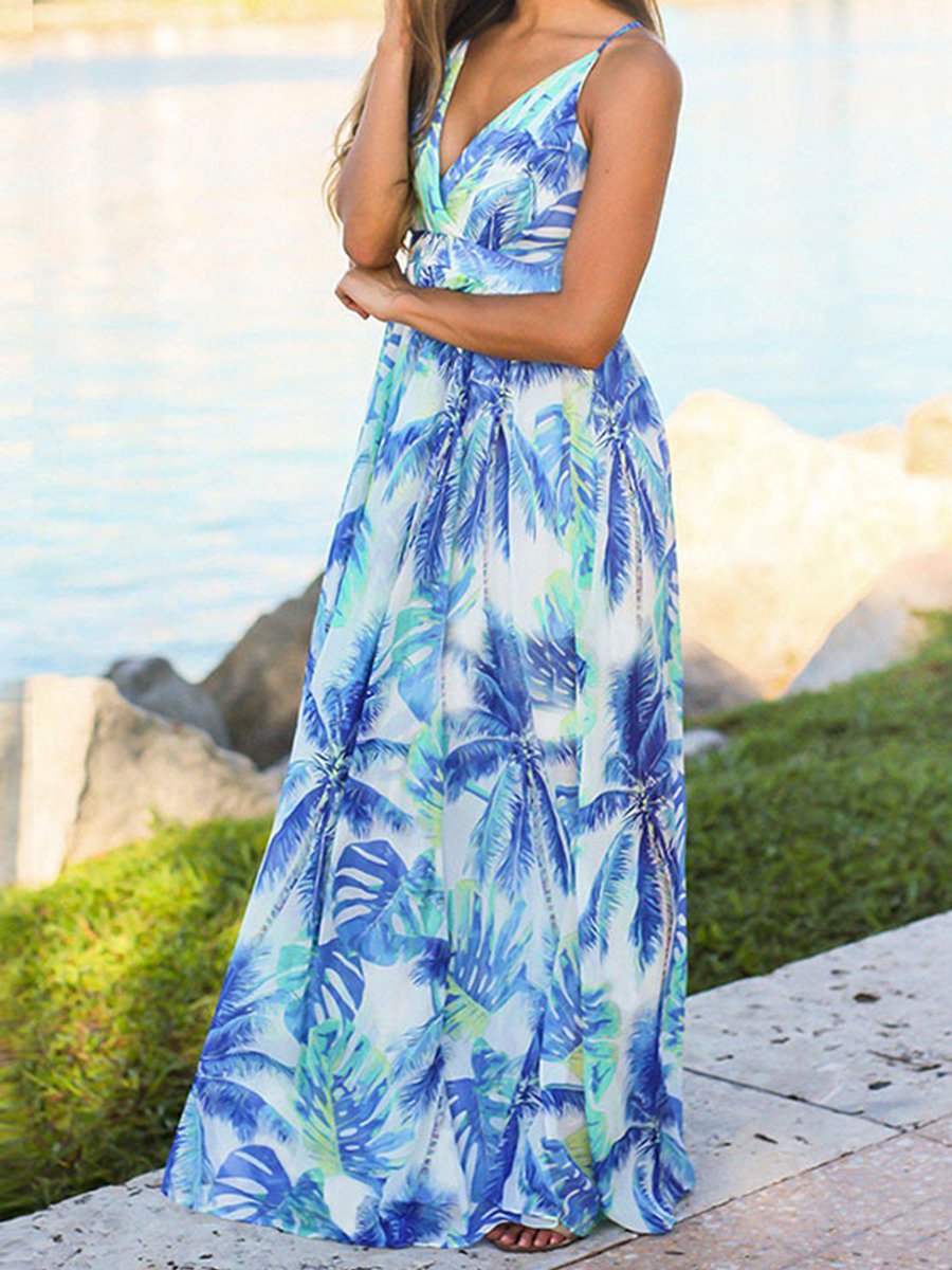 Beach Sling Leak Back Flower Print Maxi Dress
