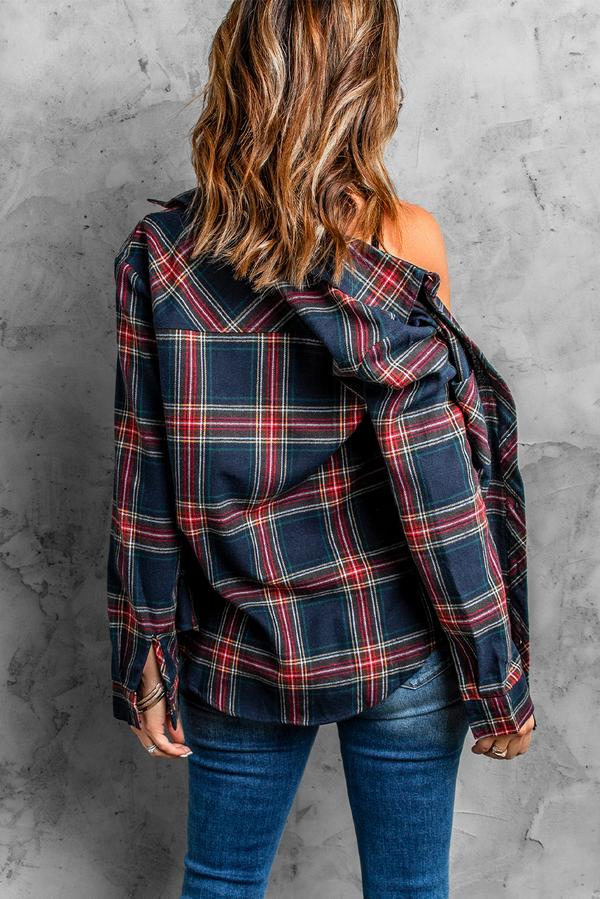 Plaid Button Pocket Long Sleeve Asymmetric Shirt