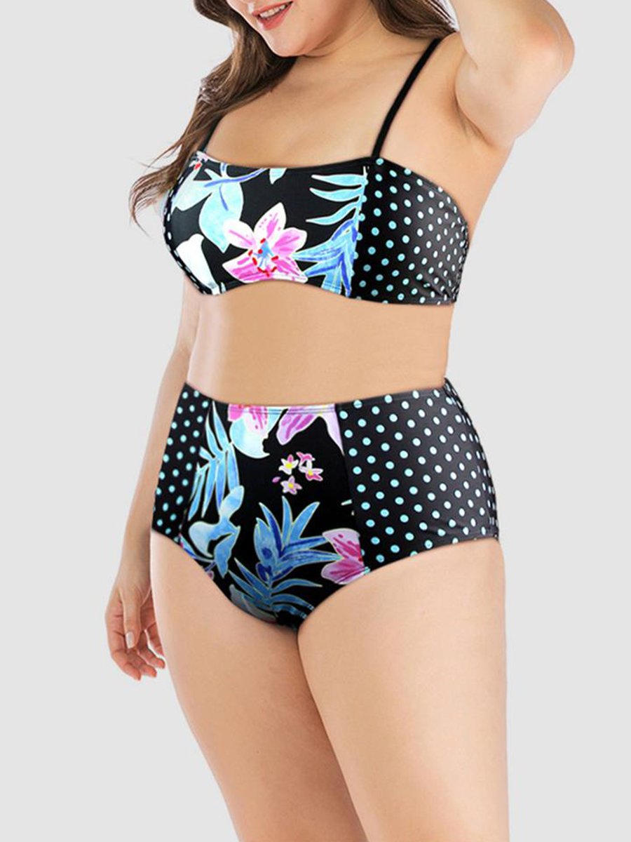 Sweet Floral Dot Print Black Two-piece Swimsuit