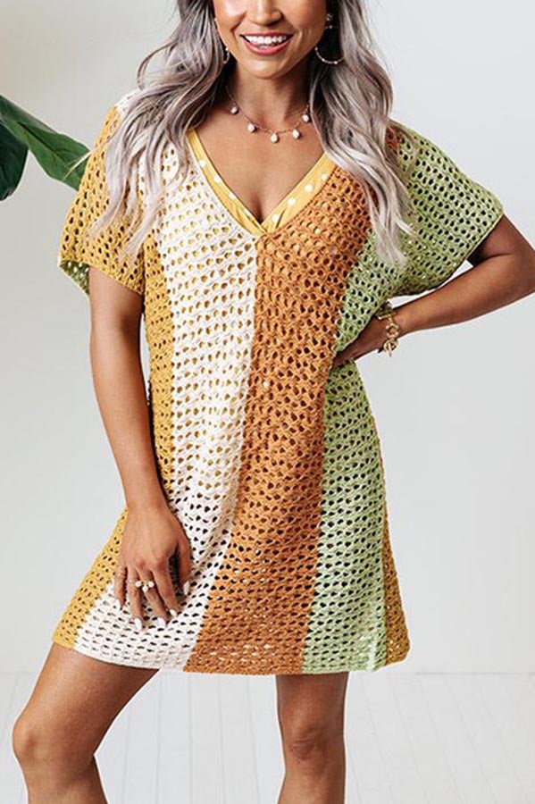 Ocean Whimsy Colorblock Crochet Cover Up Dress