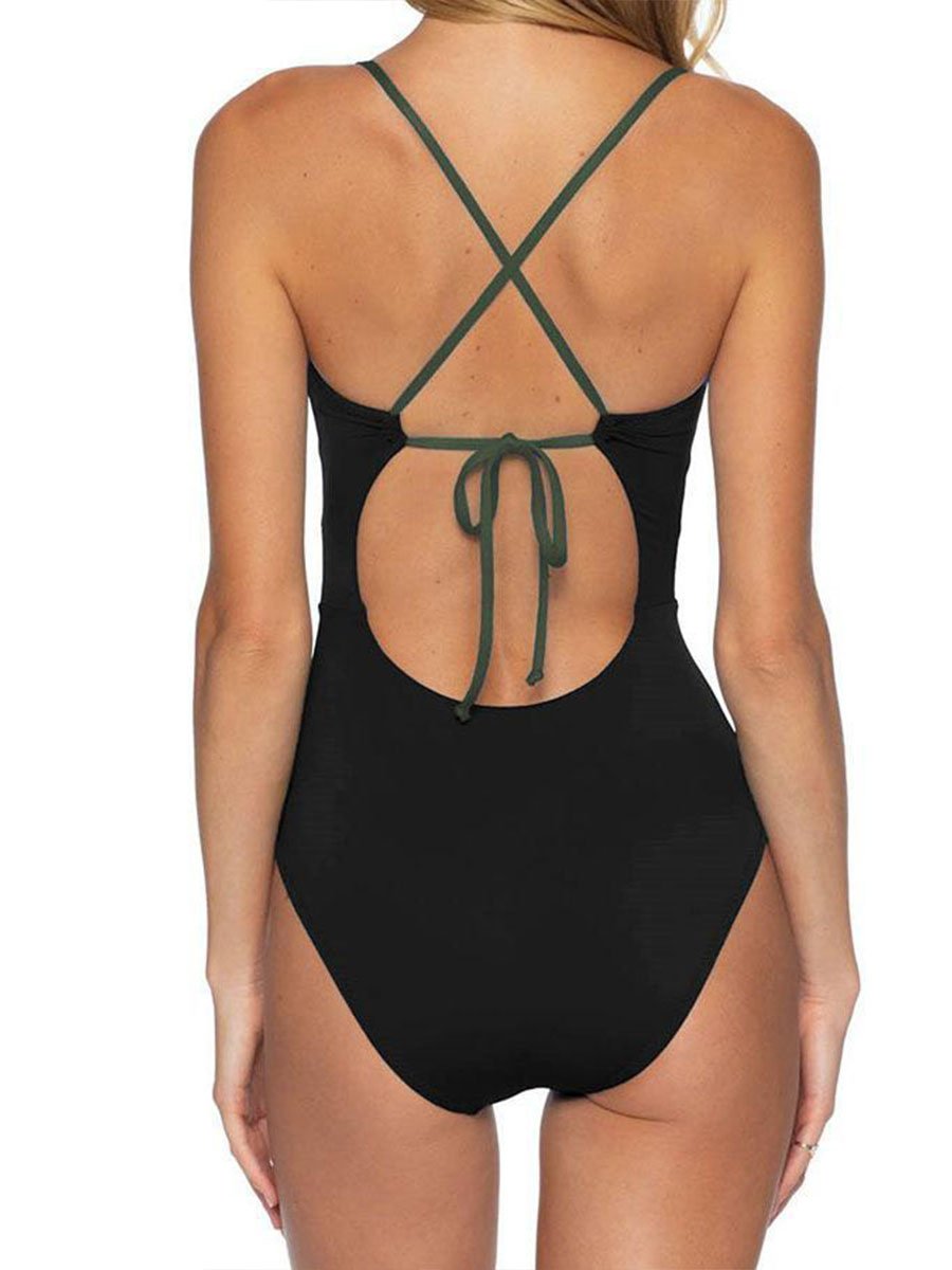 Backless Striped Black One-piece Swimsuit(3 Colors)