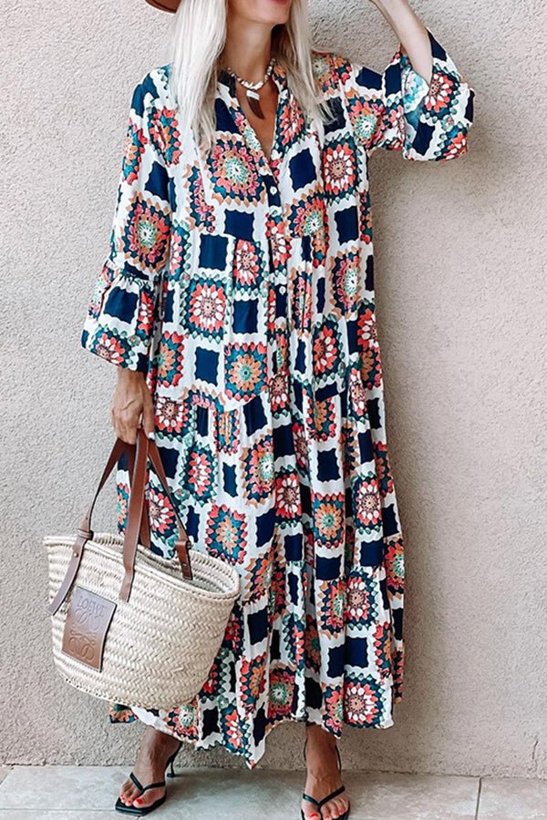 Summer V-neck Flared Sleeve Print Long Dress