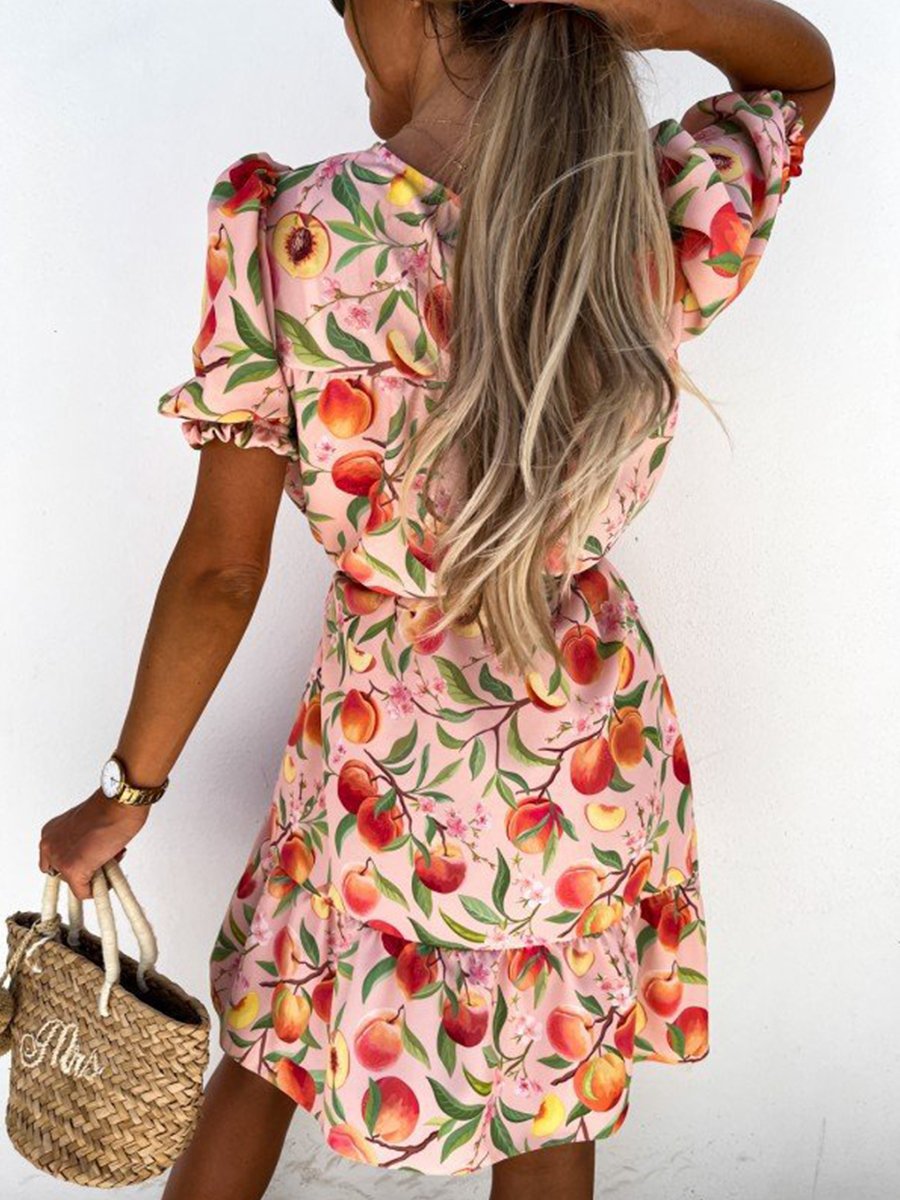 Round Neck Fruits Print Smocked Mini Dress
