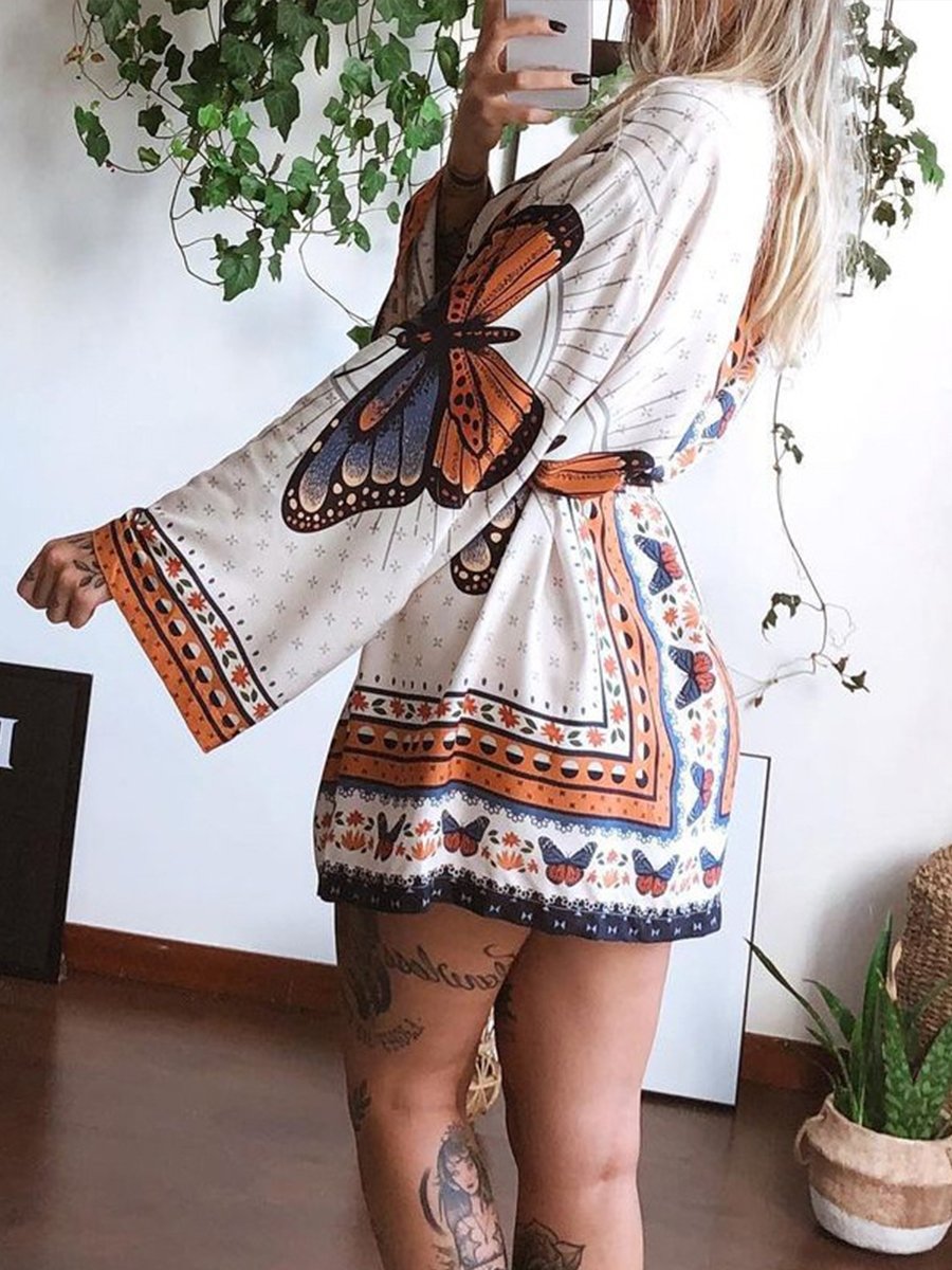 Printed Long Sleeve Waist Down Mini Dress