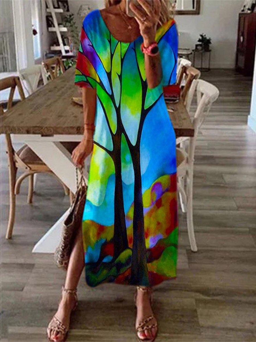 Blue Half Sleeve Casual Dress