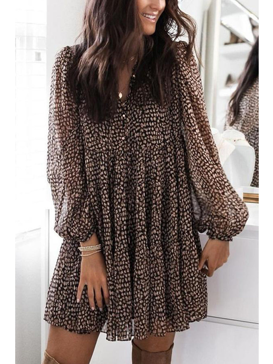 V-Neck Balloon Sleeve Leopard Print Mini Dress