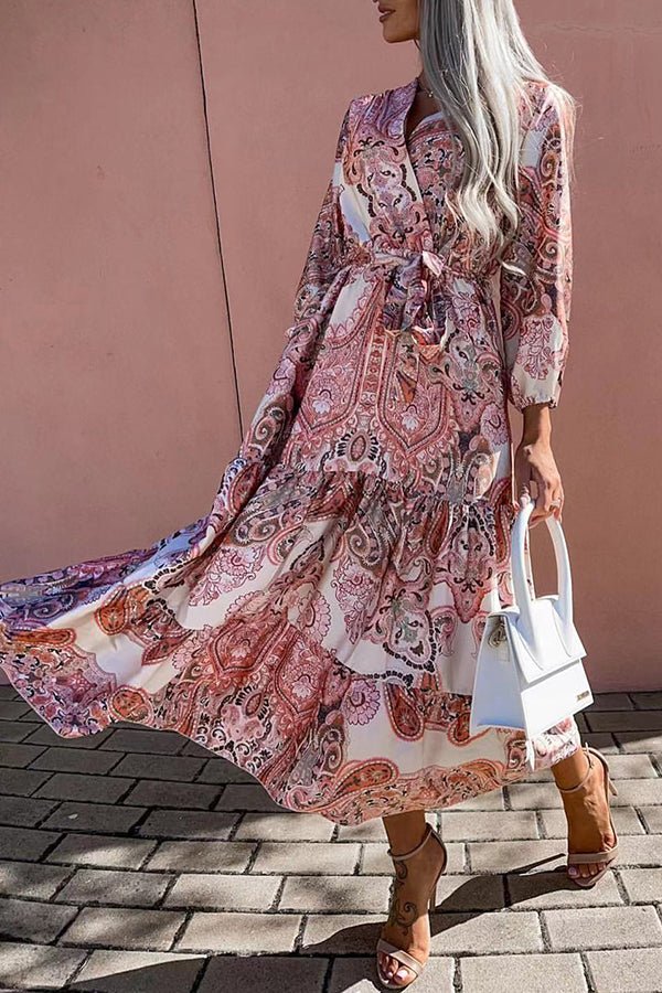 Printed V-Neck Tie Midi Dress