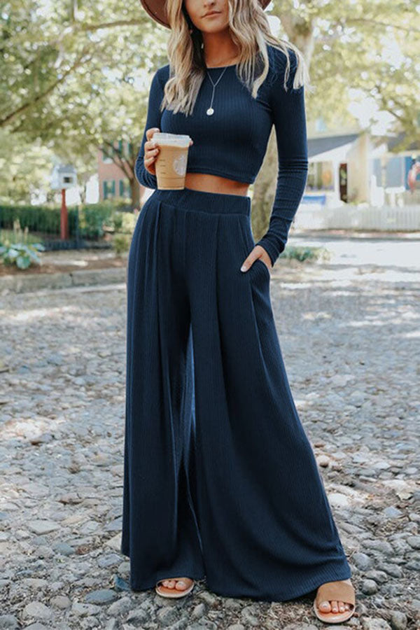 Long Sleeve Cropped Top Wide Leg Pleated Pants Set