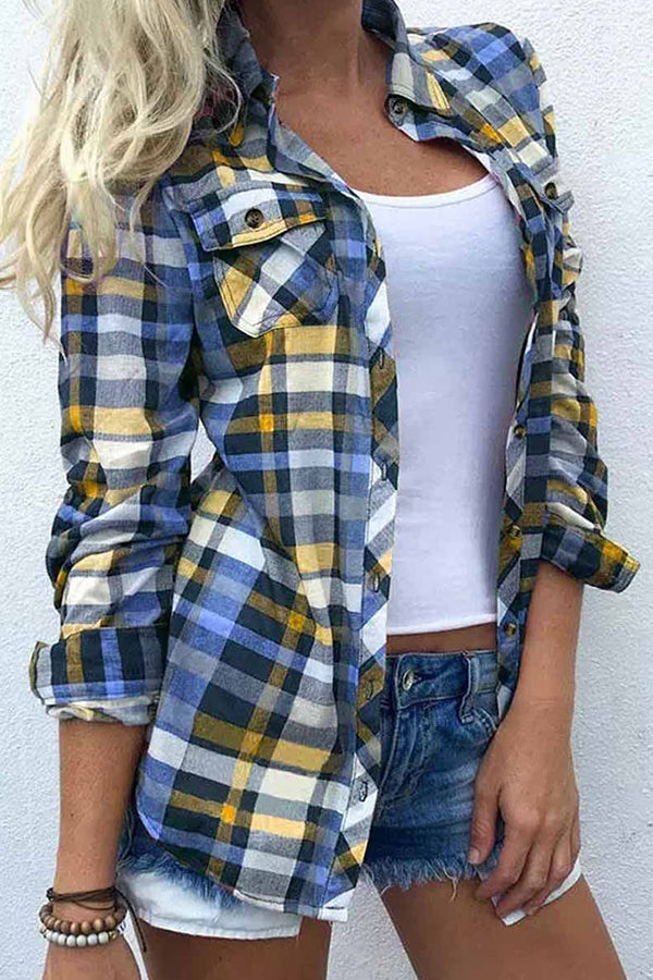 Plaid Pocket Turn-Down Collar Shirt
