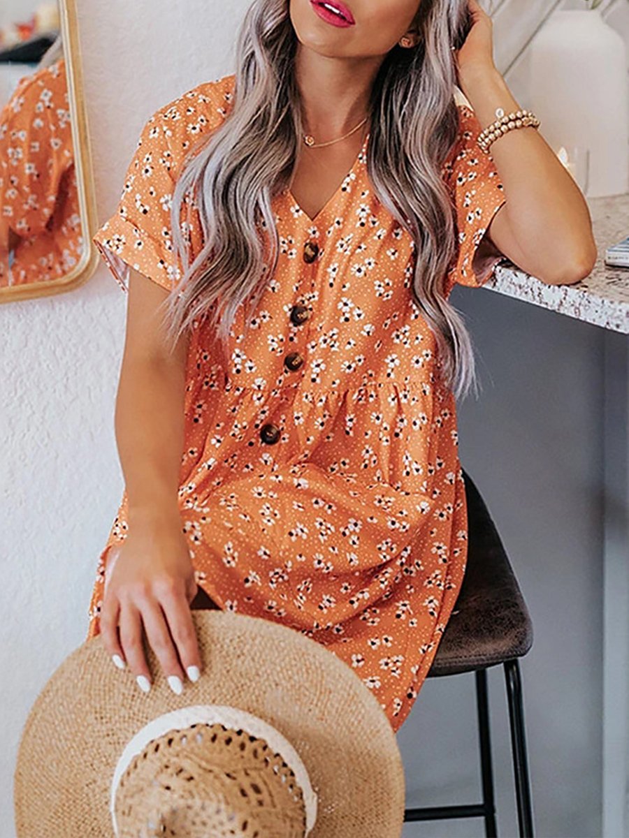 V-neck Print Pockets Loose Mini Dress