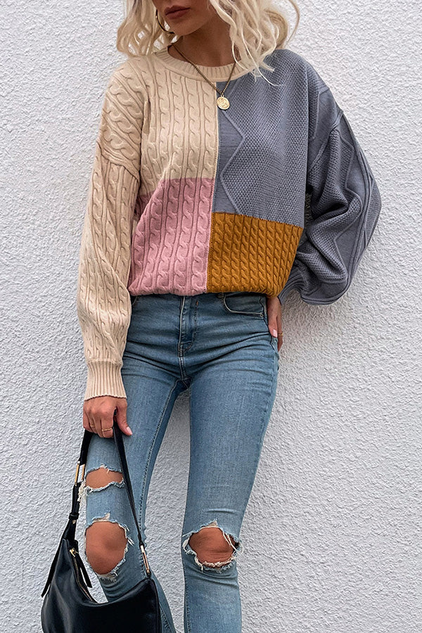 Square Stitching Contrast Color Twist Lantern Sleeve Sweater