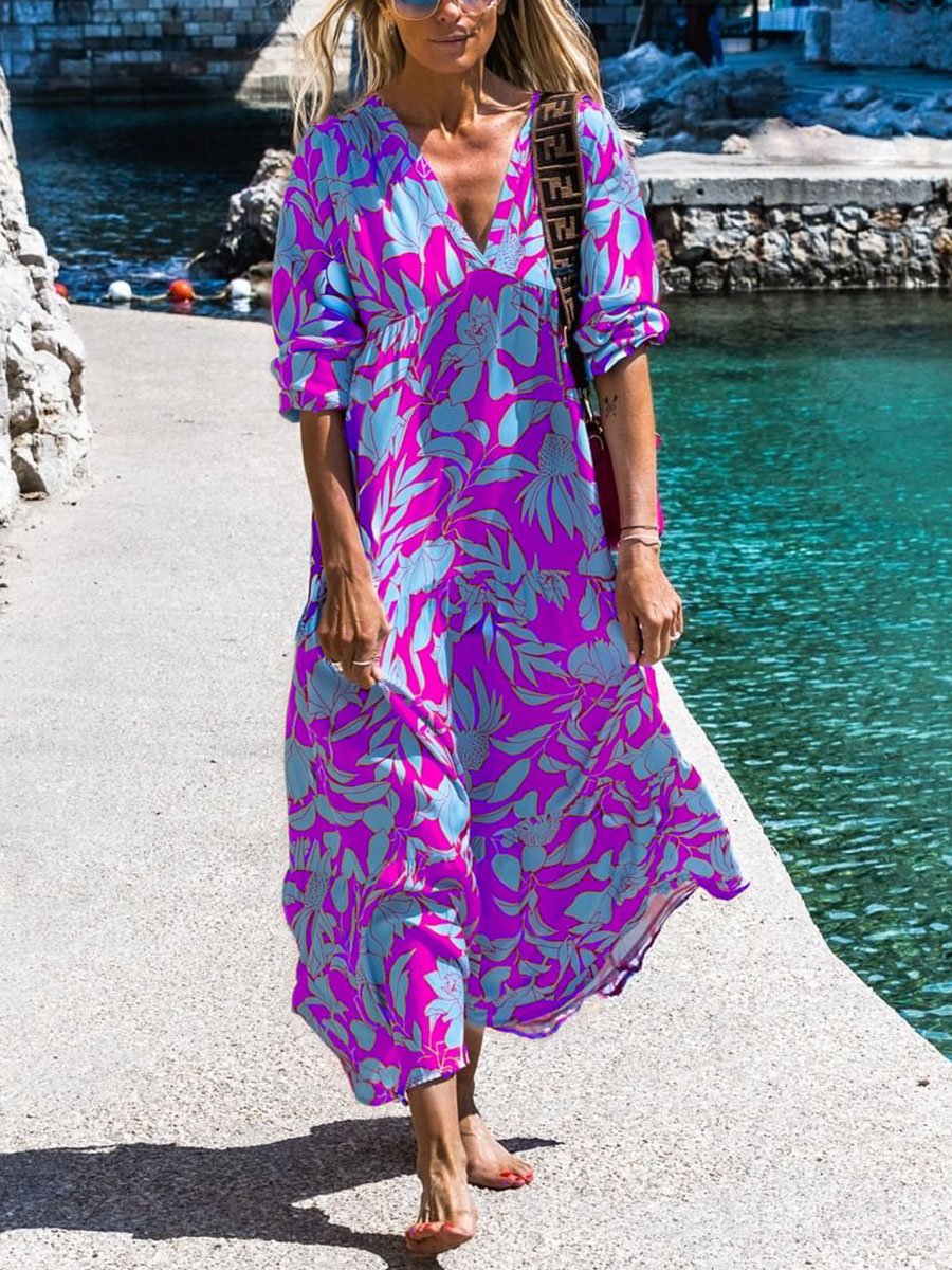 Red Blue Print Casual Long Dress