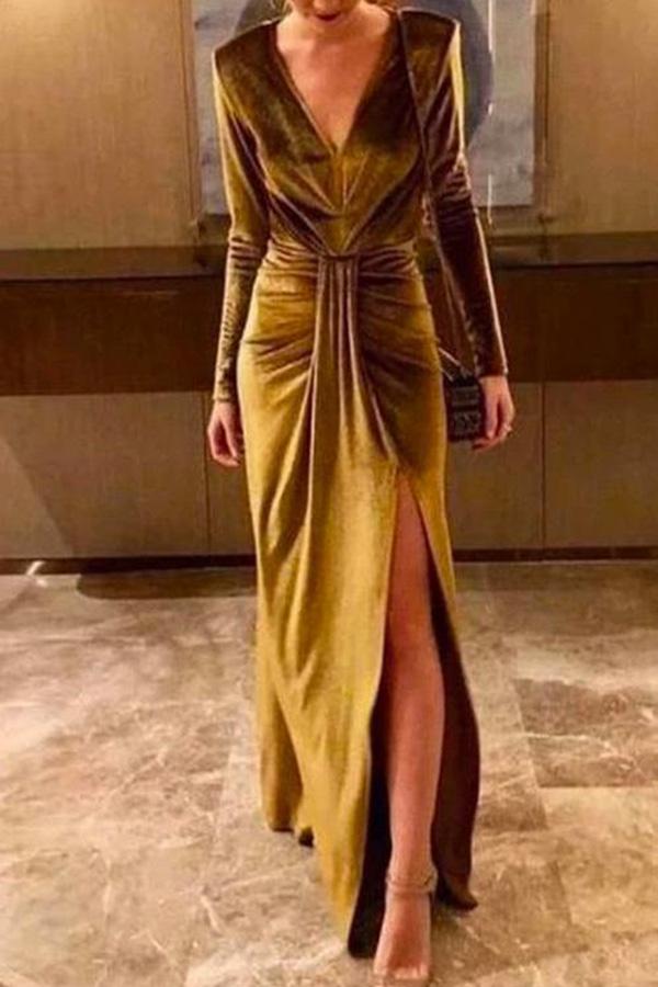 Deep V Neck Split Long Velvet Party Dress(5 Colors Available)
