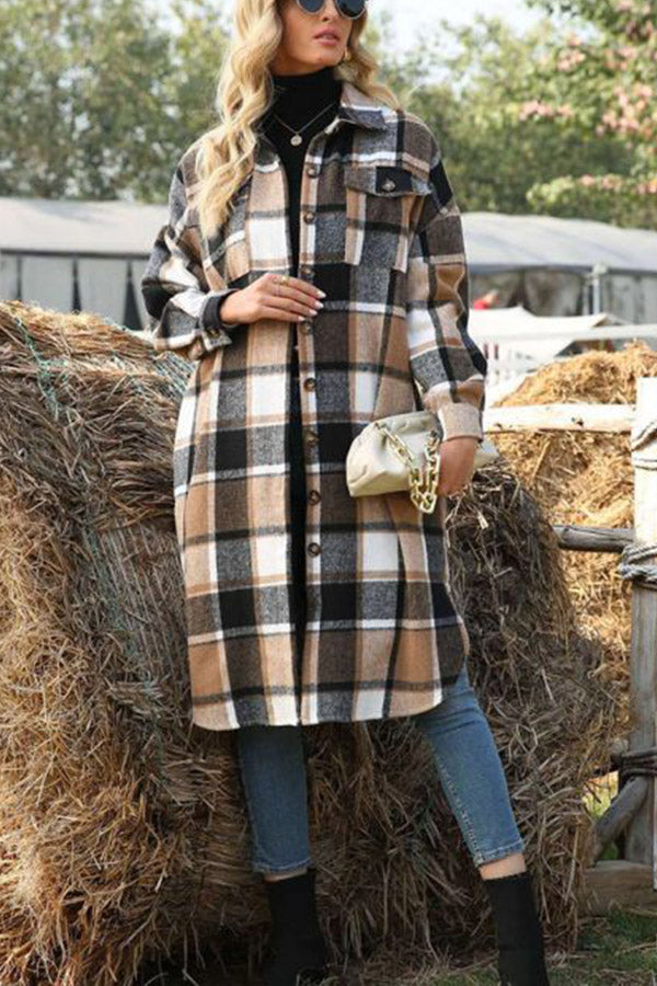 Plaid Lapel Loose Long Sleeve Woolen Trench Coat