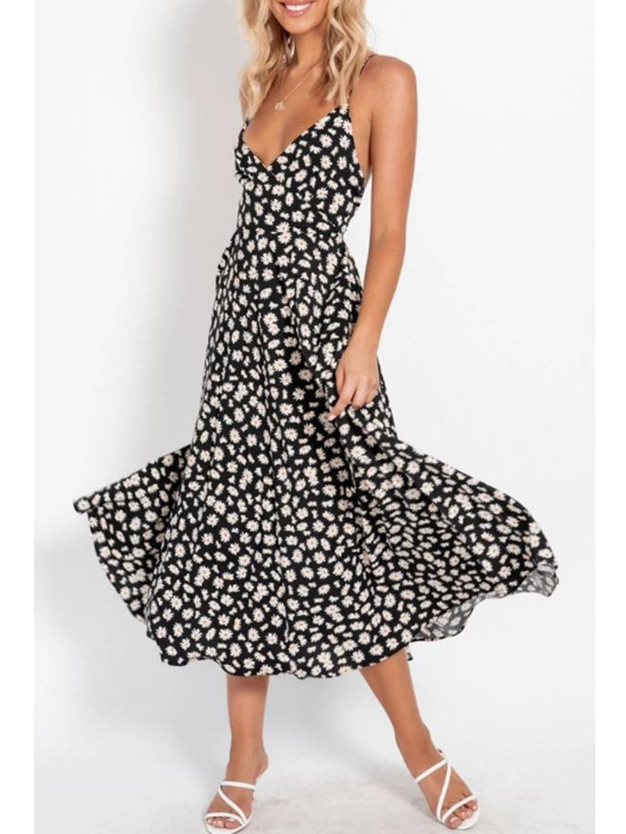 Pretty Floral A-line Backless Midi Dress (3 Colors)