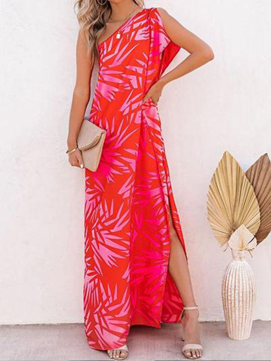 One-shoulder Irregular Slit Maxi Dress