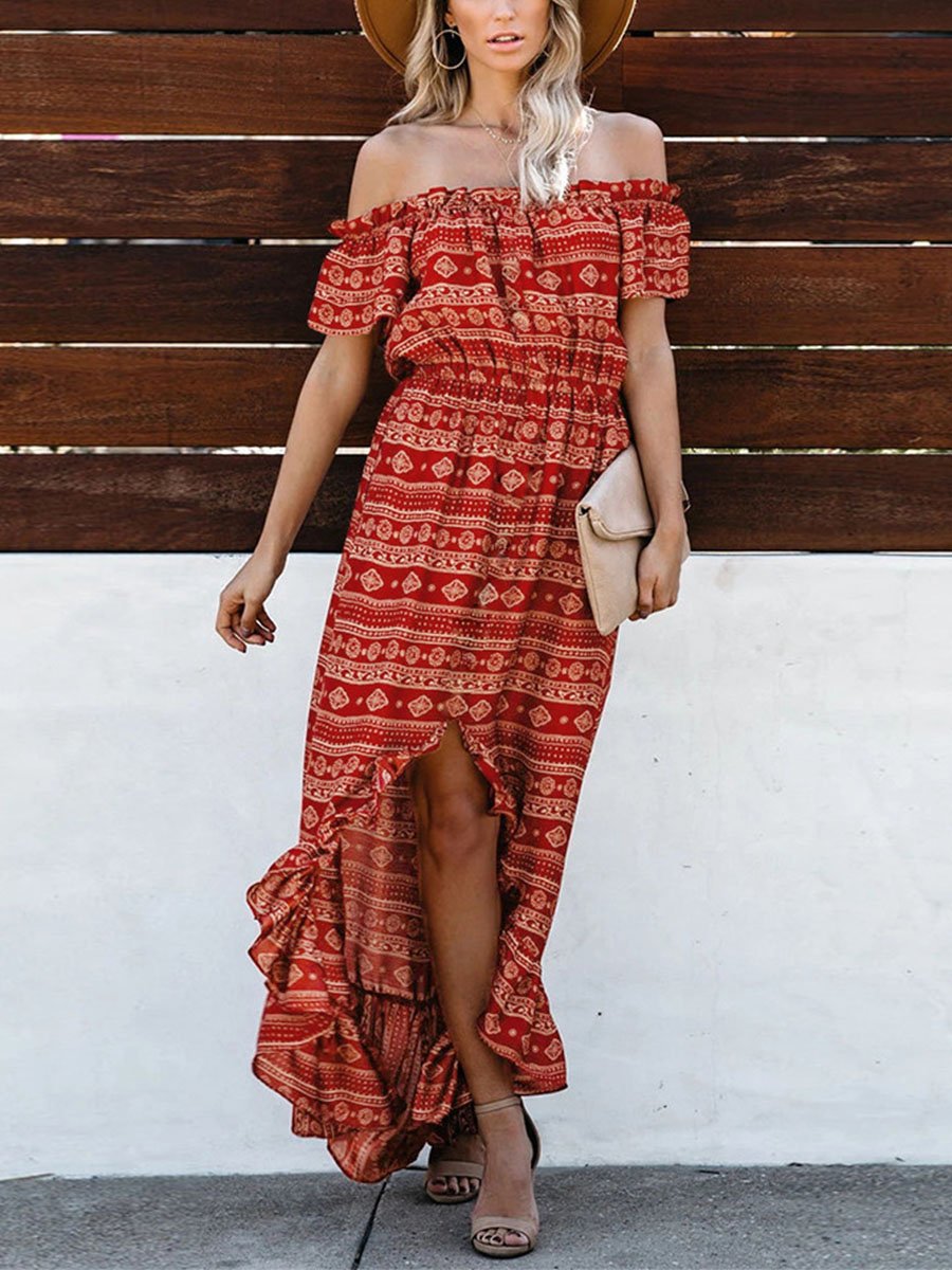 Shoulder Printed Slit Ruffle Maxi Dress