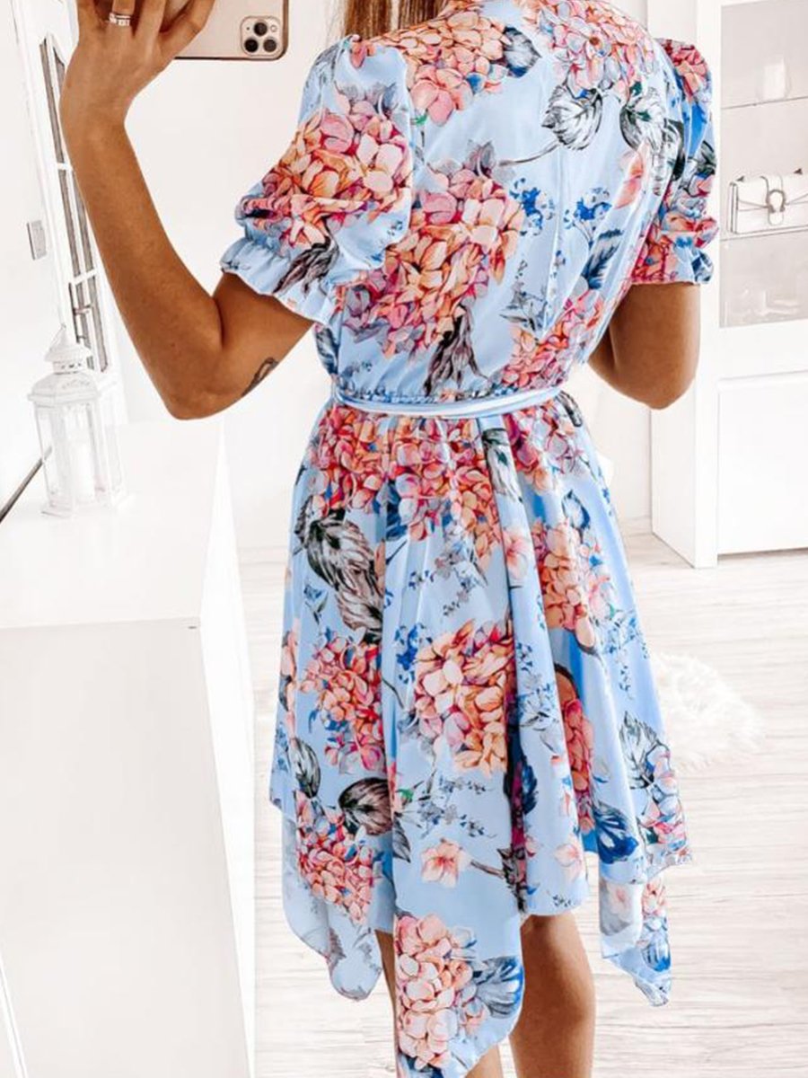 V-neck Print Short-sleeved High-low Midi Dress