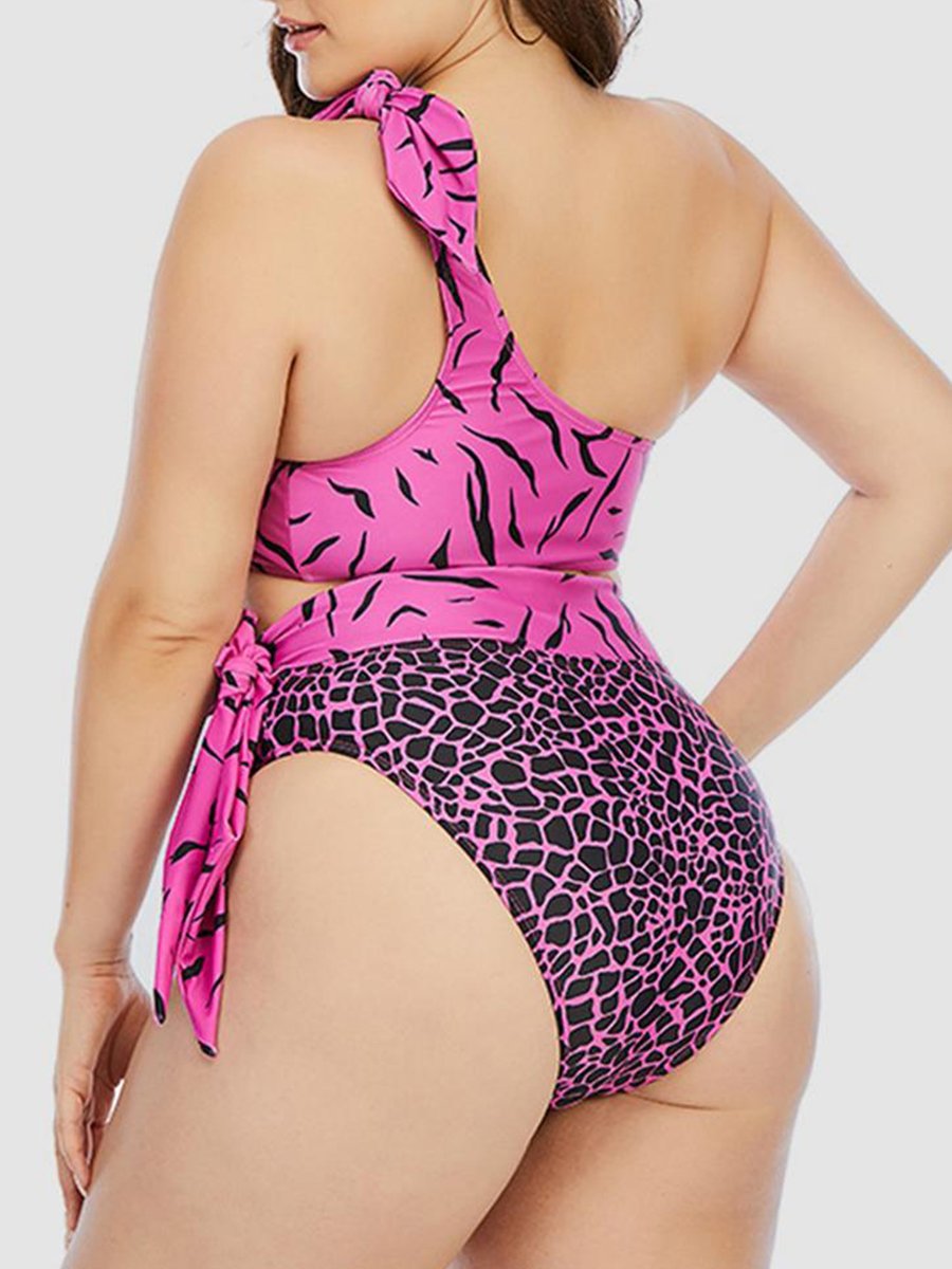 Sweet One Shoulder Animal Print Bandage Design Pink Two-piece Swimsuit