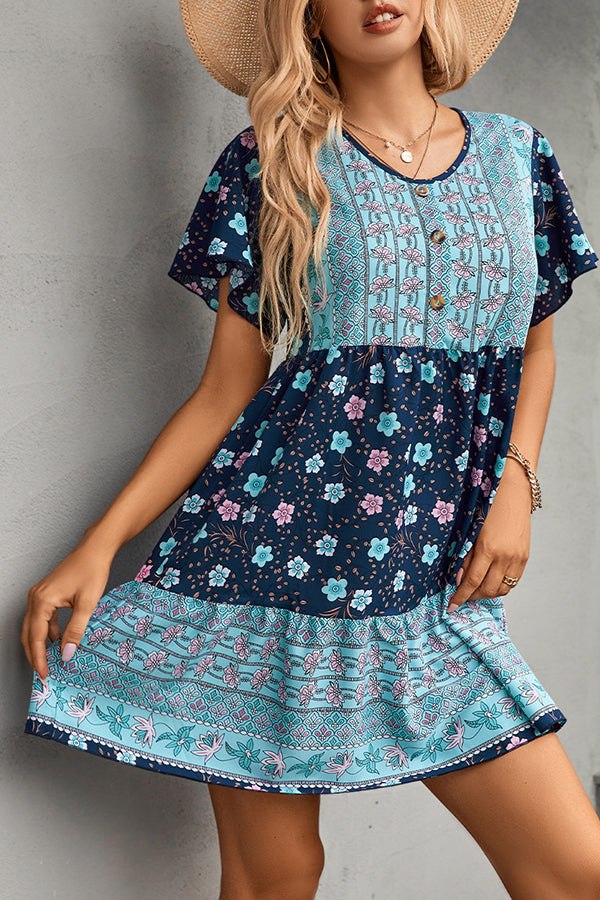 Button V-Neck Floral Loose Mini Dress