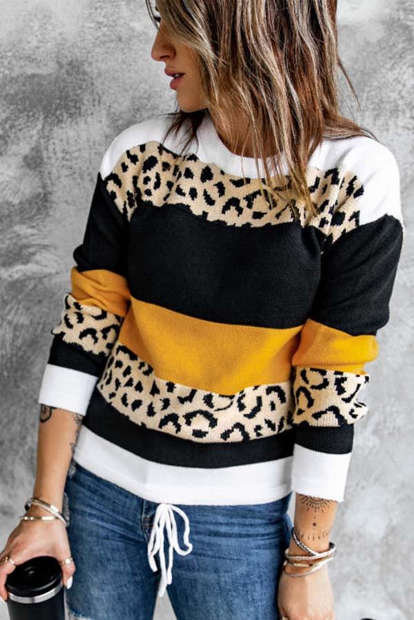 Leopard Color Block Pullover Sweater