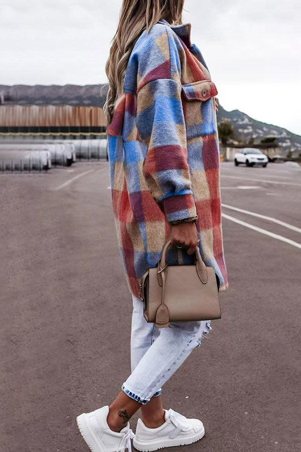 On-trend Mid-length Plaid Lapel Button Down Coat
