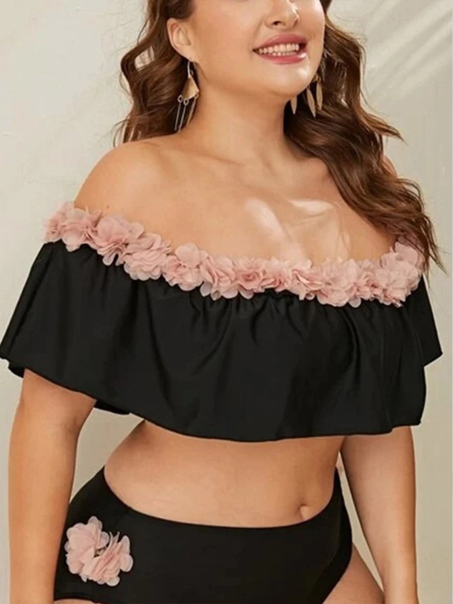 Sweet Off The Shoulder Floral Decoration Ruffle Design Black Tankini