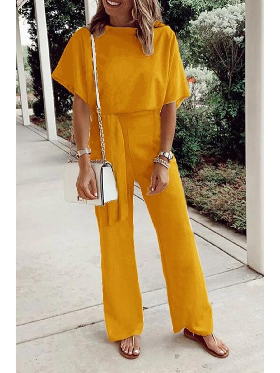 Elegant Solid Color Lace Up Bat Sleeve Jumpsuit