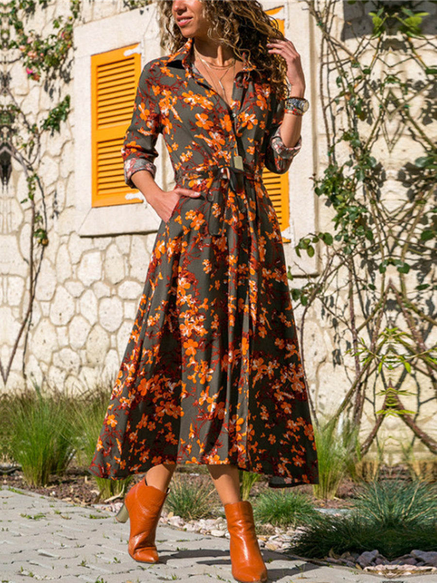 Elegant Floral Buckle With Belt Shirt Collar A Line Dresses