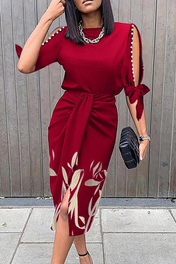 Leaf Print Pearls Decor Knotted Dress