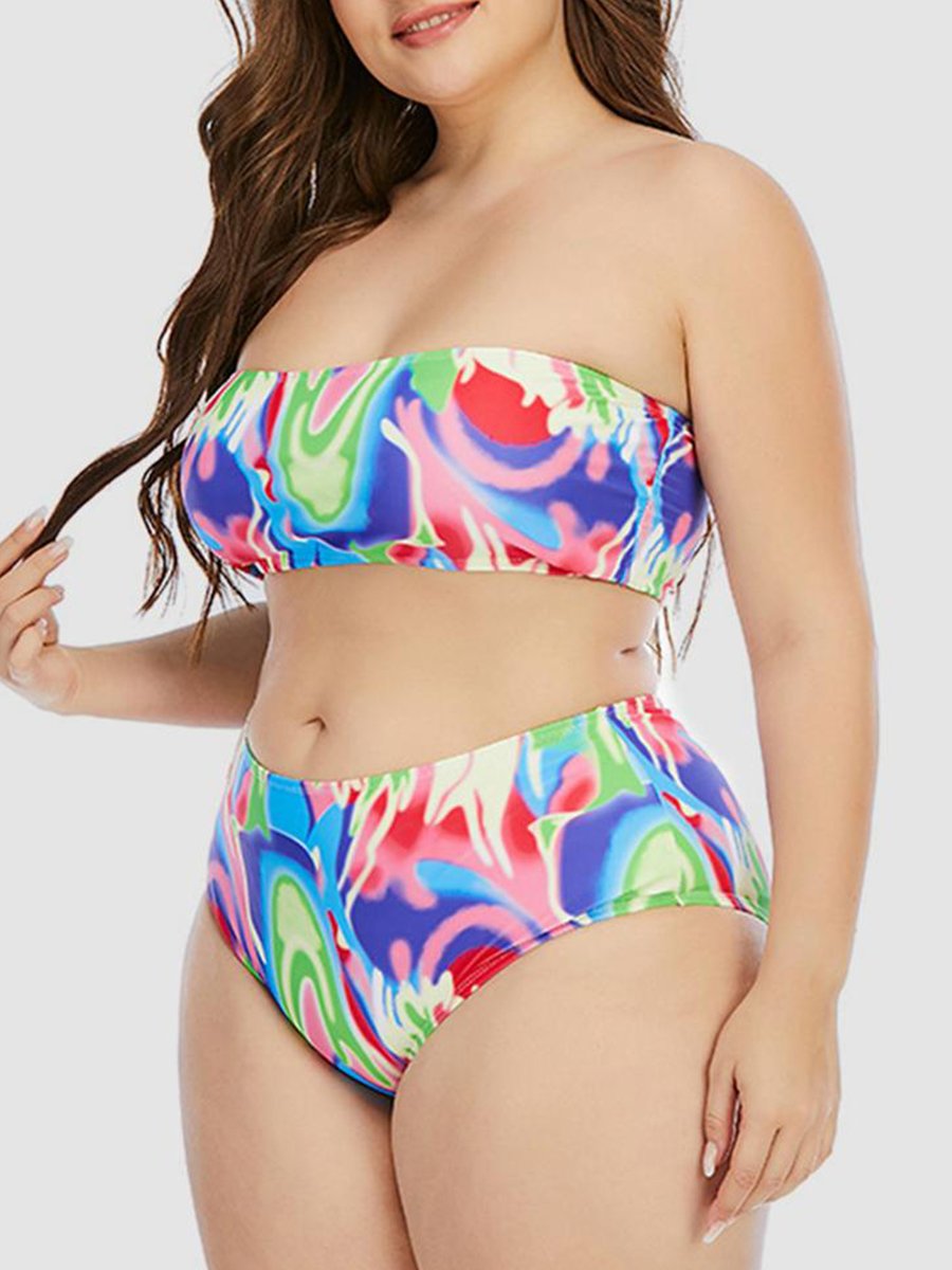 Boho Off The Shoulder Print Patchwork Multicolor Two-piece Swimsuit