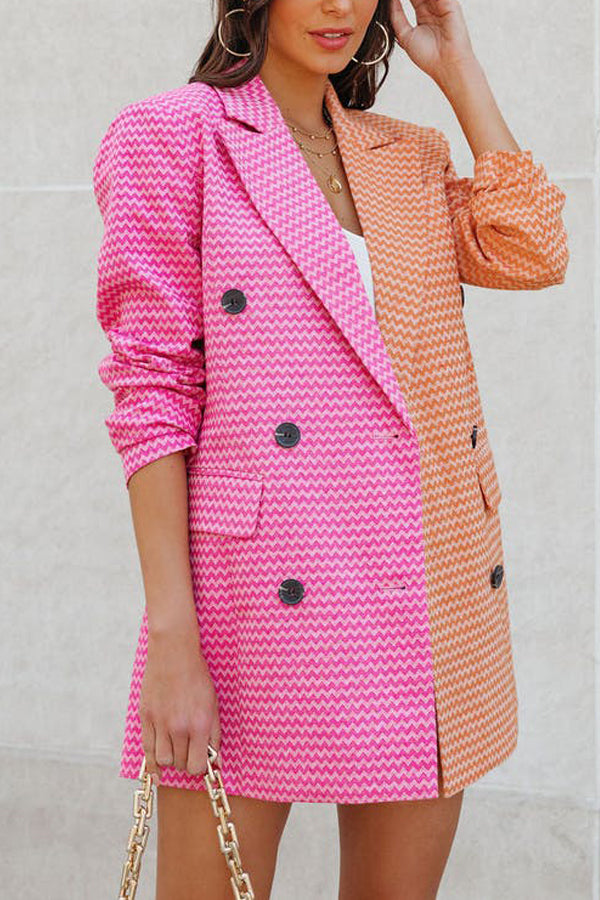 Pink Orange Color Matching Geometric Pocket Suit Coat