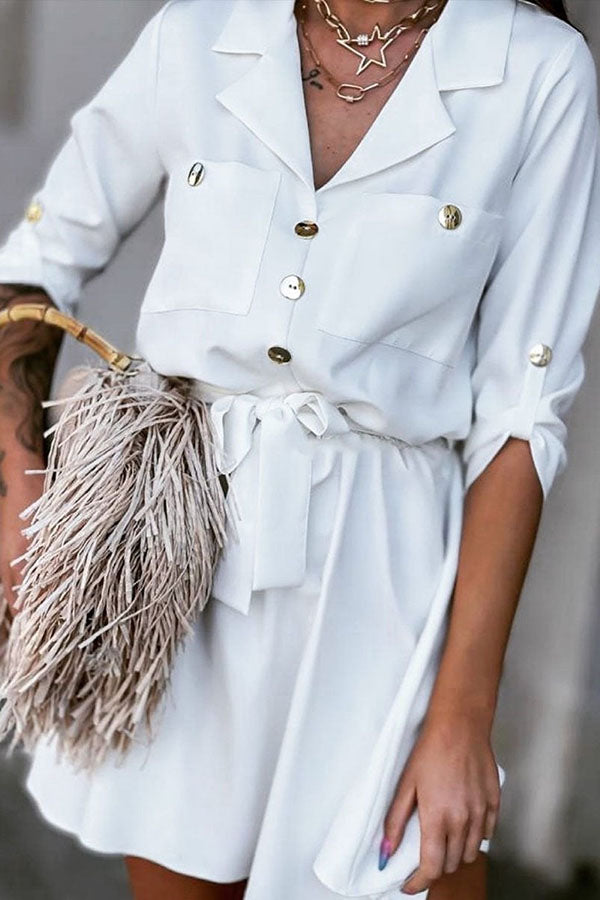 Solid Lapel Neck Bidded Shift Mini Dress