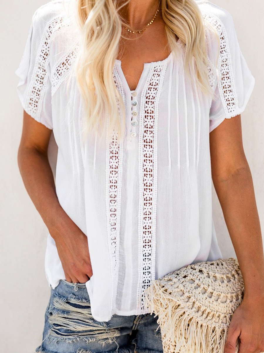 V-neck Short Sleeve Lace Hollow-out Blouse