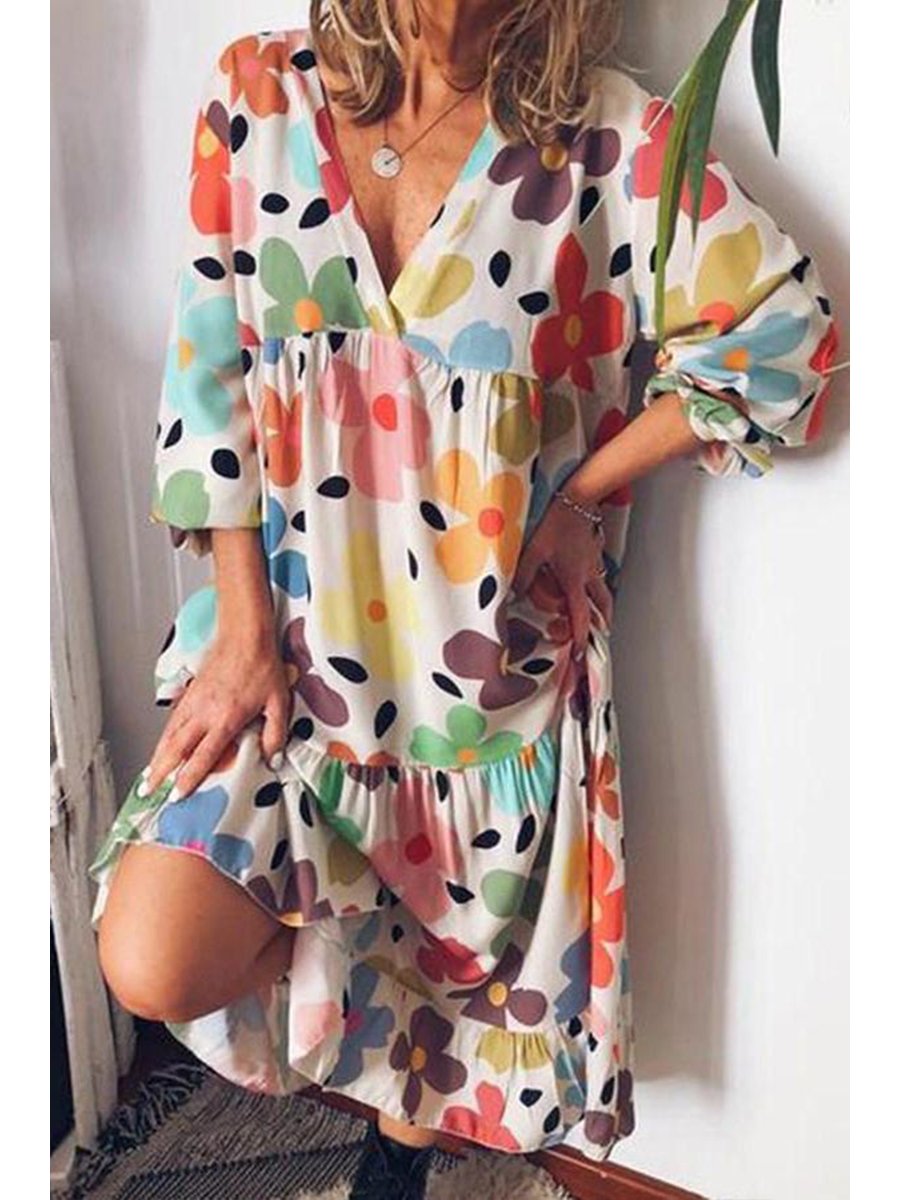 Smart Pattern Print V Neck Dress