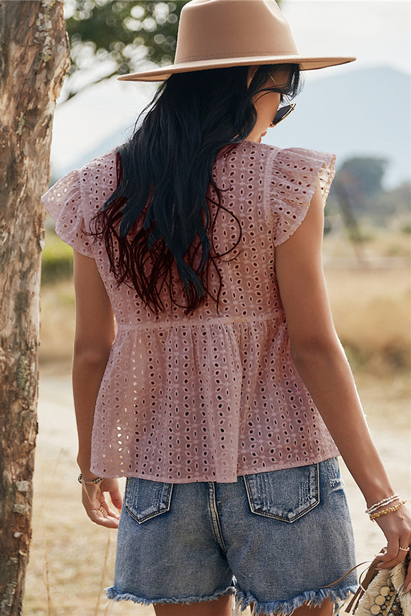 V-neck Lotus Leaf Sleeve Hollow Loose Women's Top
