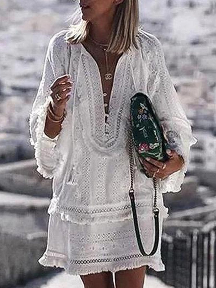 V-neck Solid Tassel Long Sleeve Lace Vacation Dress