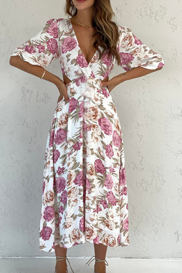 Casual V-neck Short-sleeved Print Long Dress