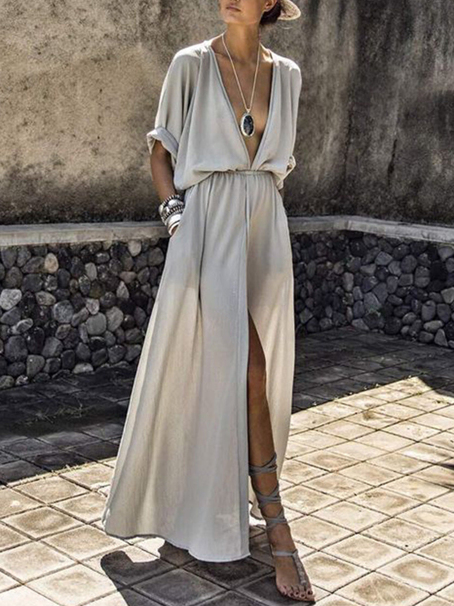 V-Neck Elastic Waist Plain Maxi Dress
