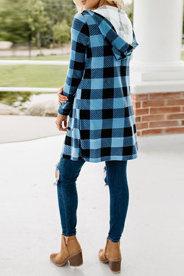 Hooded Plaid Long Sleeve Button Down Pocket Coat